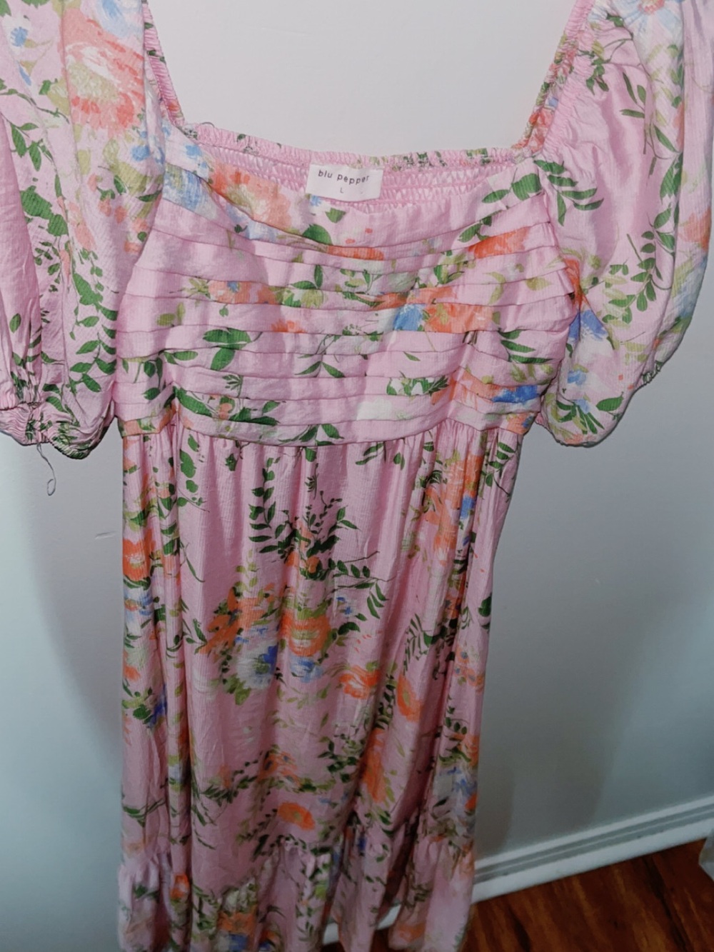 Blu Pepper Pink Floral Puff Sleeve Midi Dress with Ruffle Detail